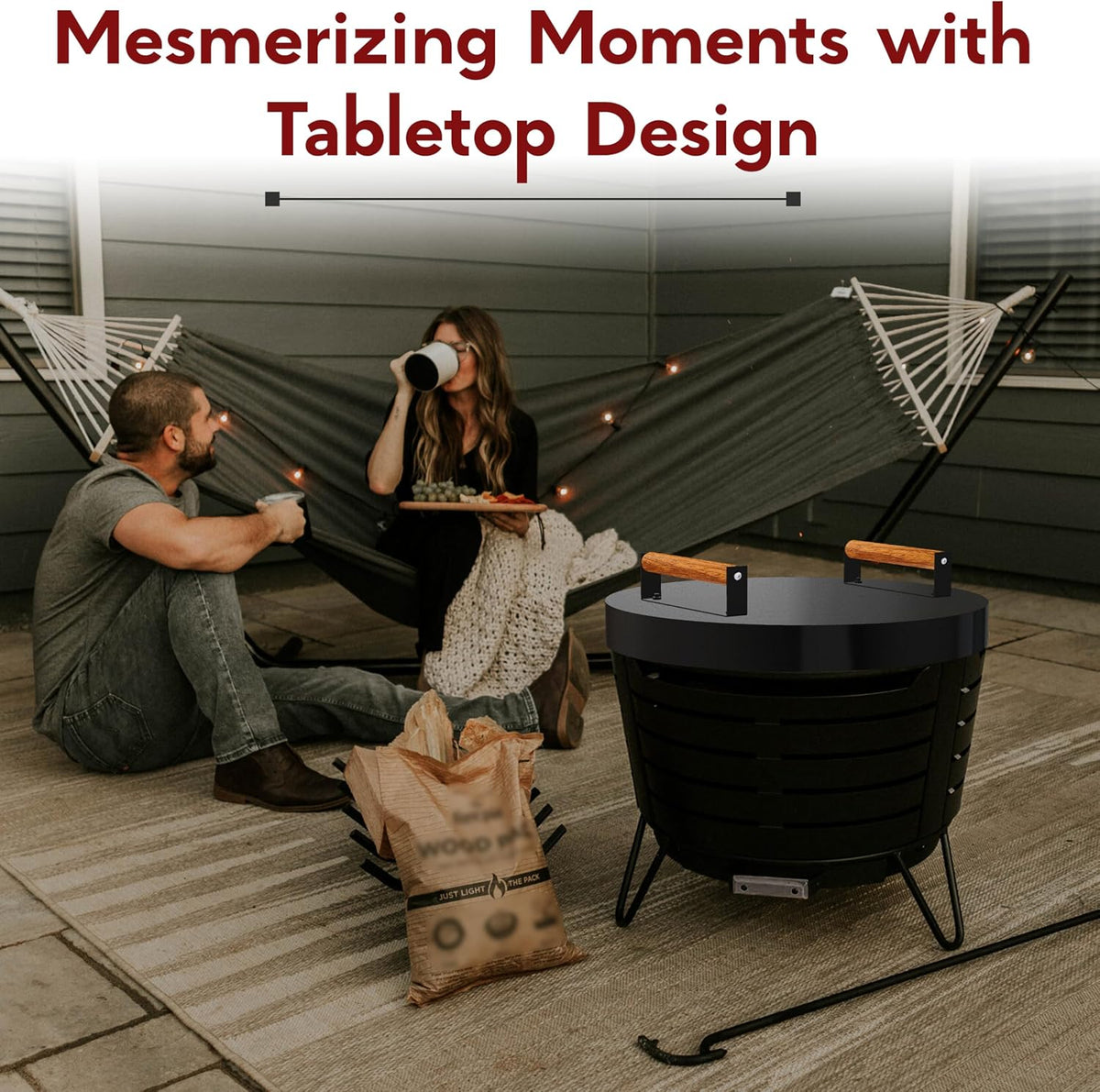 FEBTECH Firepit Lid Compatible with Fire Pit Inside up to 23" - Carbon Steel Tabletop Fire Pit Cover with 2 Heat Resistant Wooden Handles - Fire Pit Accessories for Family Gatherings & Bonfire