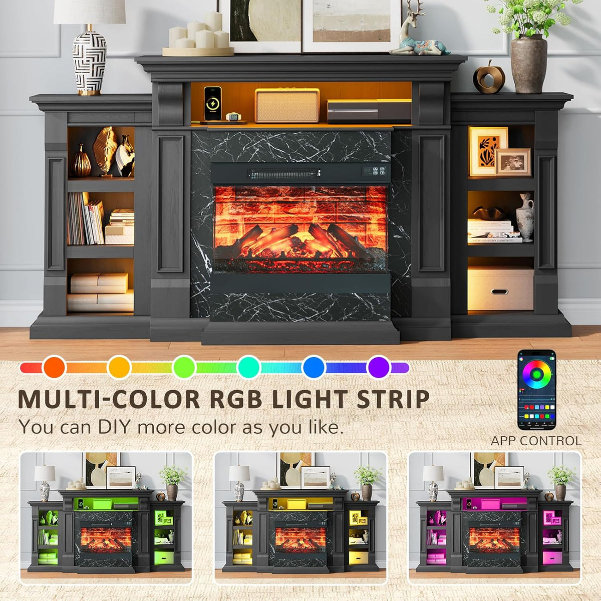 Naice 72” Electric Fireplace TV Stand w/ 3-Side Glass Heater, Marble Finish