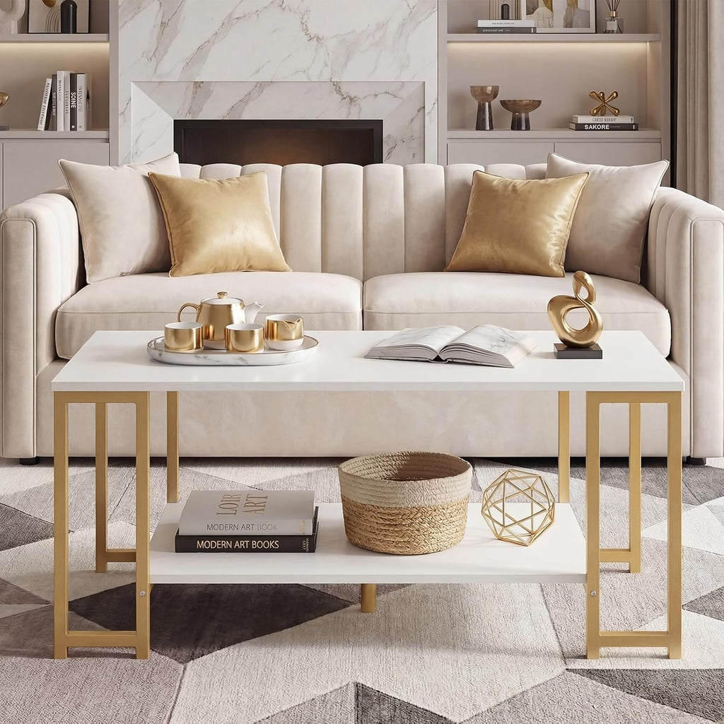 GIANTEX 2-Tier Coffee Table with Storage, 39.5" Center Table, Gold & White