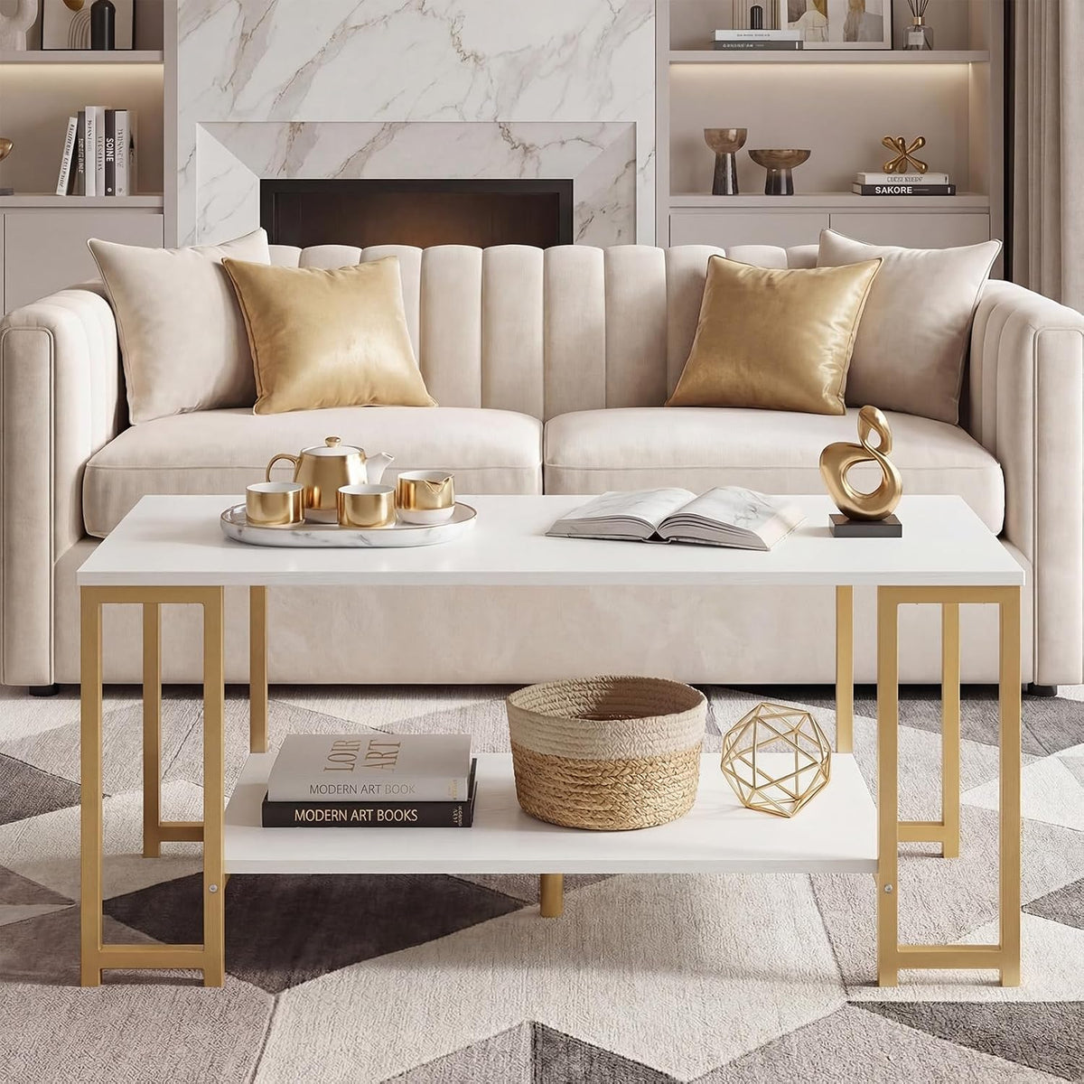 GIANTEX 2-Tier Coffee Table with Storage, 39.5" Center Table, Gold & White