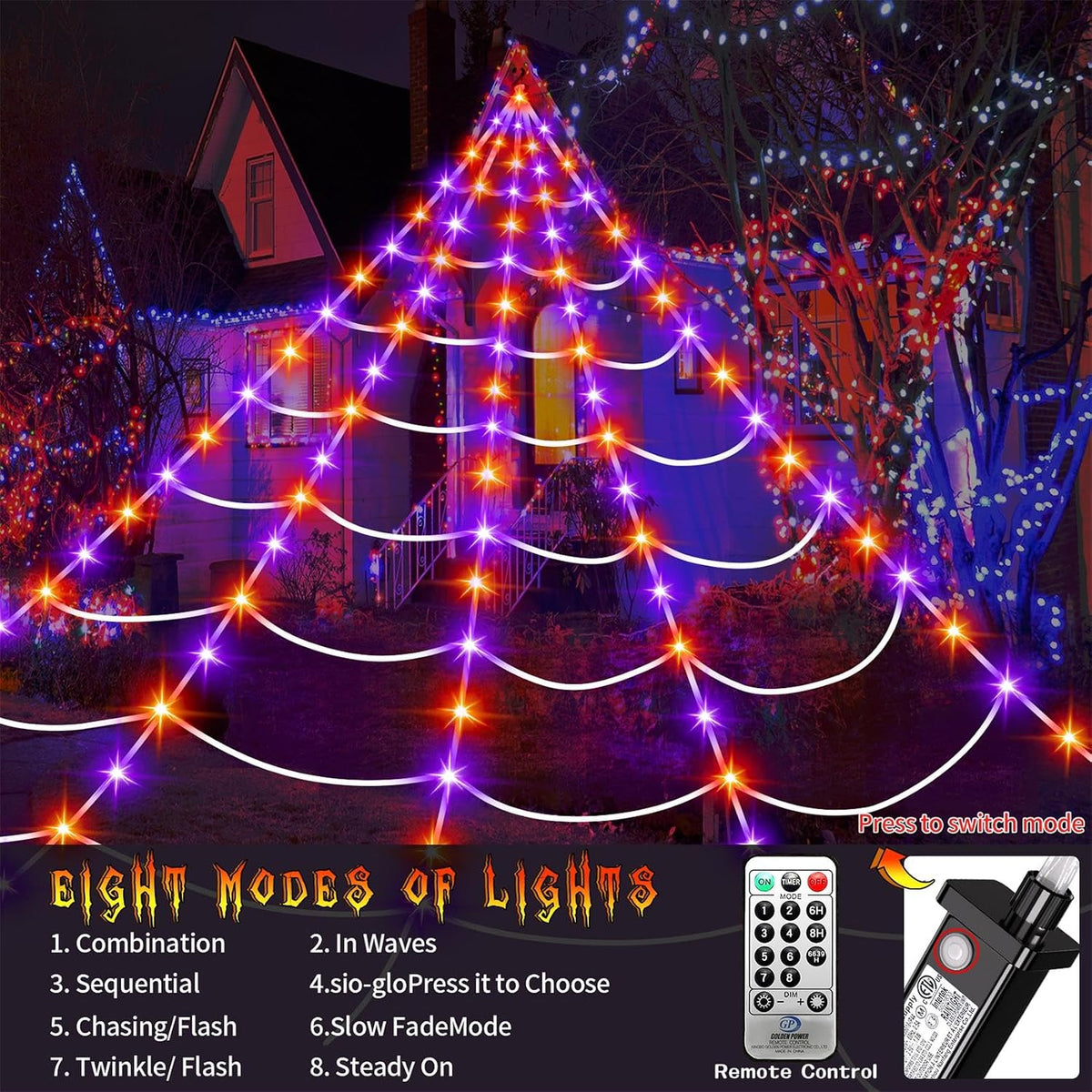 Halloween Decorations Outdoor, 200 LED Halloween Giant Spider Web Lights, 16.4Ft Lighted Spider Web Light up for Yard Haunted House Decor,Purple Orange