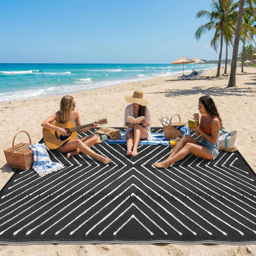 Garvee 5x8 Black and White Striped Outdoor Waterproof Rug Reversible Plastic Straw Patio Mat, Portable RV Camping Rug Quick Dry for Picnic, Beach, Balcony, Deck UV Protected & Lightwight, Black&White