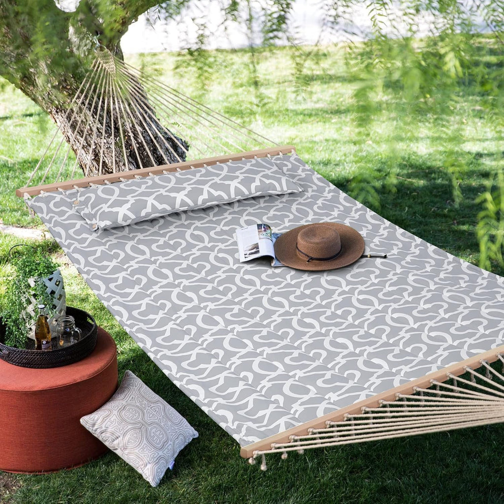 SUNCREAT Double Quilted Hammock with Hardwood Spreader Bar, Grey Pattern
