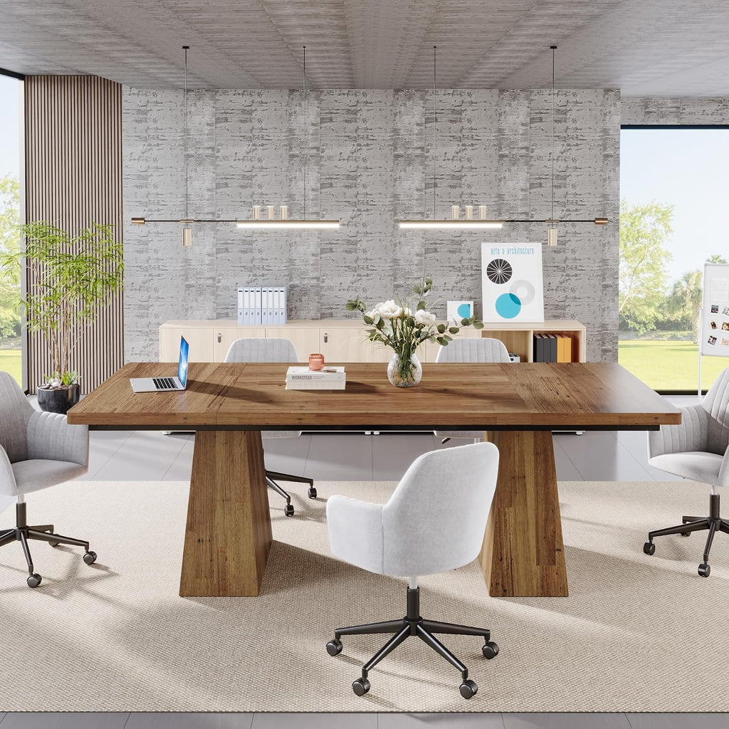 Tribesigns Dining Table for 6, Farmhouse Wood Dinner Rectangular Table Kitchen Table with Double Pedestal, 63" L x 31.5" W x 30" H, Light Brown