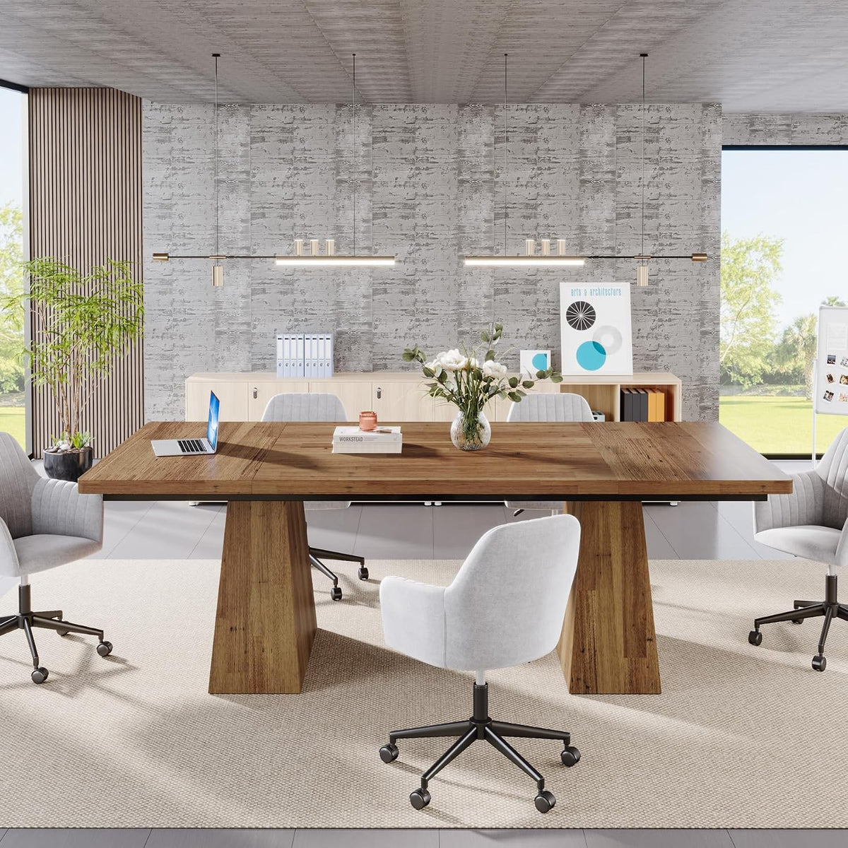 Tribesigns Dining Table for 6, Farmhouse Wood Dinner Rectangular Table Kitchen Table with Double Pedestal, 63" L x 31.5" W x 30" H, Light Brown