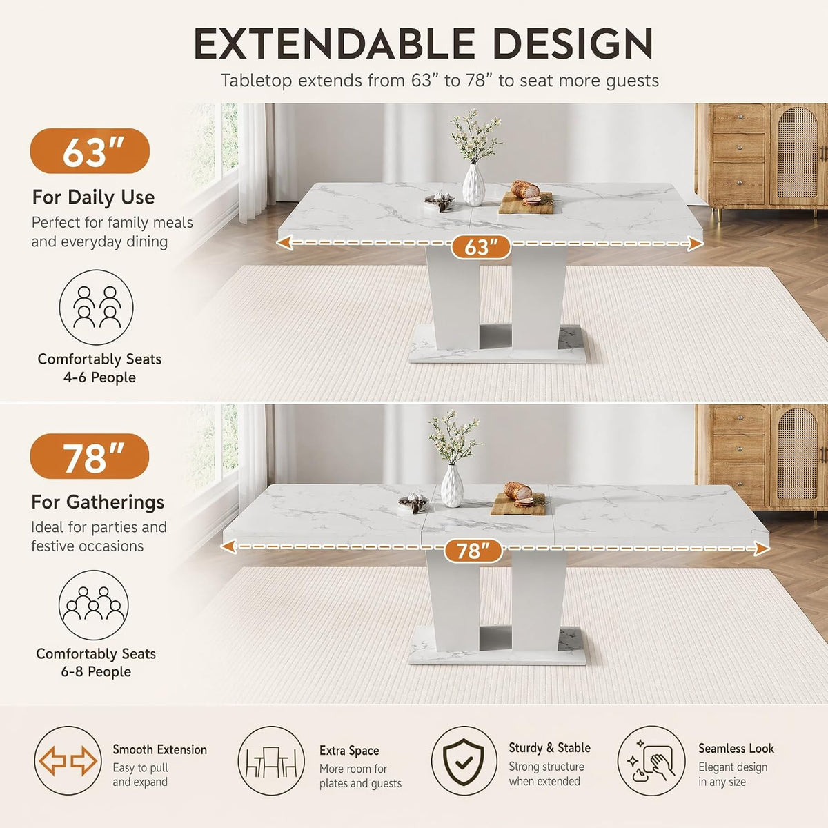HomVent White Faux Marble Expandable Dining Table Set for 6