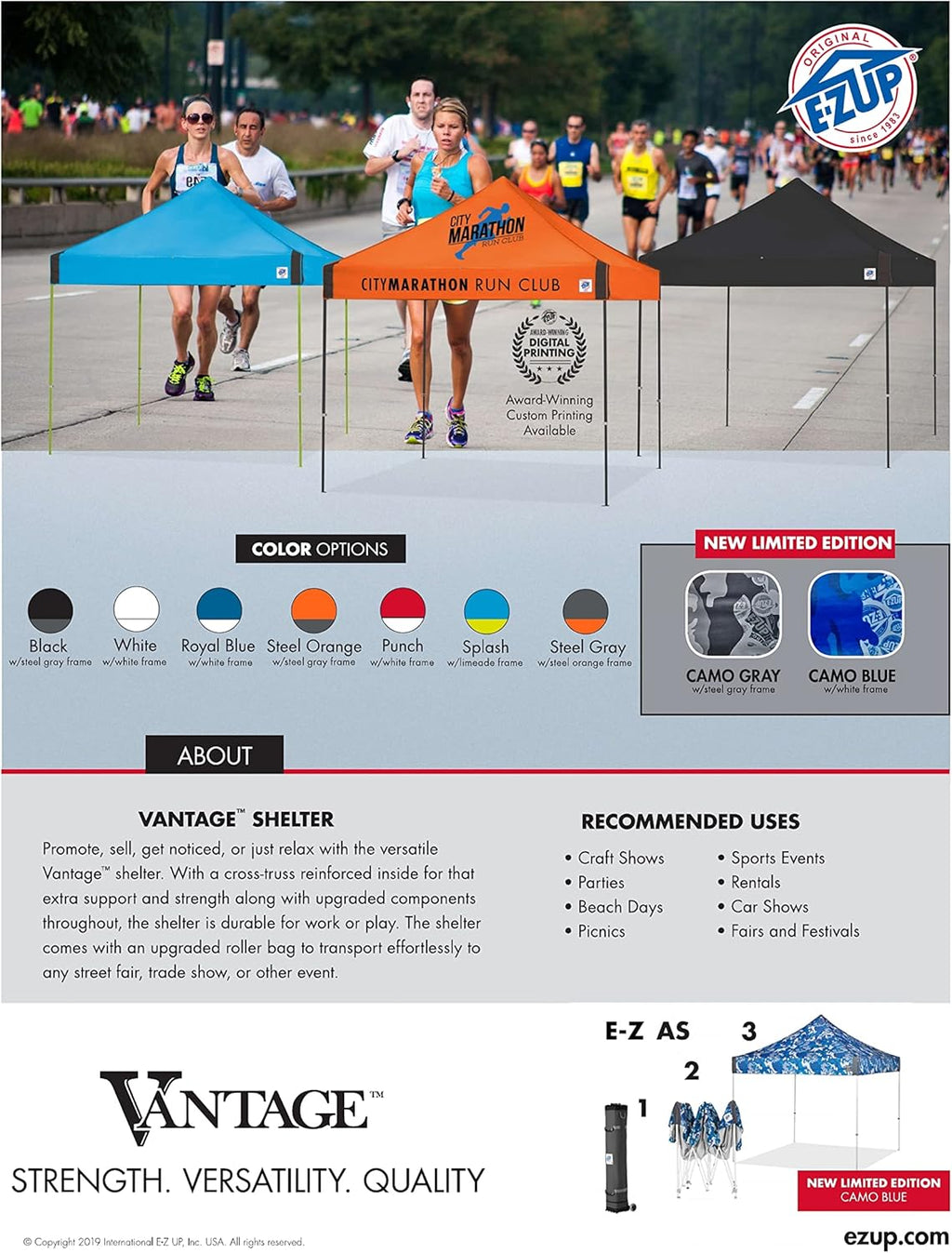 E-Z UP 10x10 Vantage Pop Up Canopy Tent, Steel Frame, Black Top, Wide-Trax Roller Bag & Spike Kit