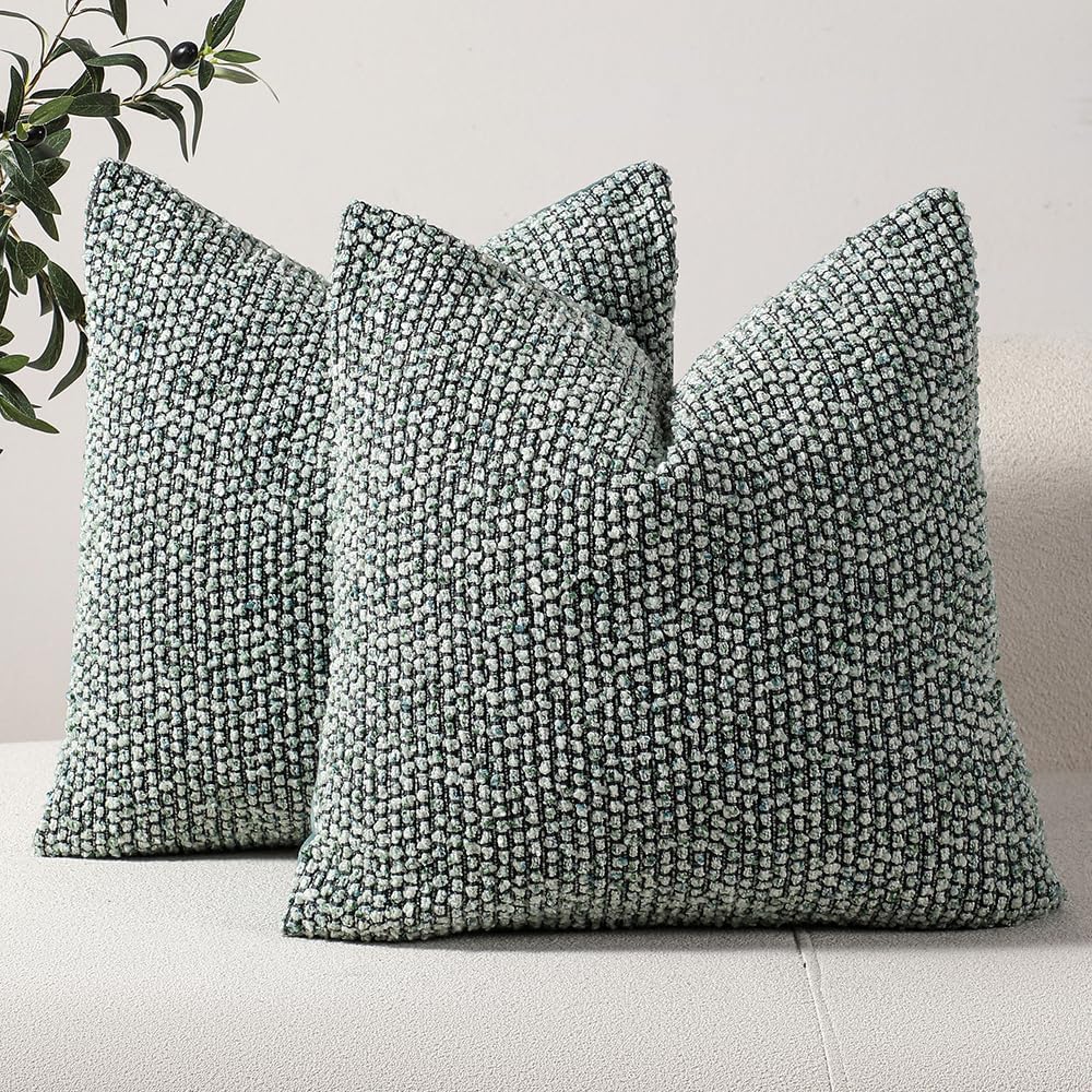 DEZENE Striped Throw Pillow Covers 20x20 Set of 2 Green Textured Boucle Chic Morden Boho Accent Farmhouse Square Decorative Couch Pillow Covers for Home Decor Bed Sofa Living Room