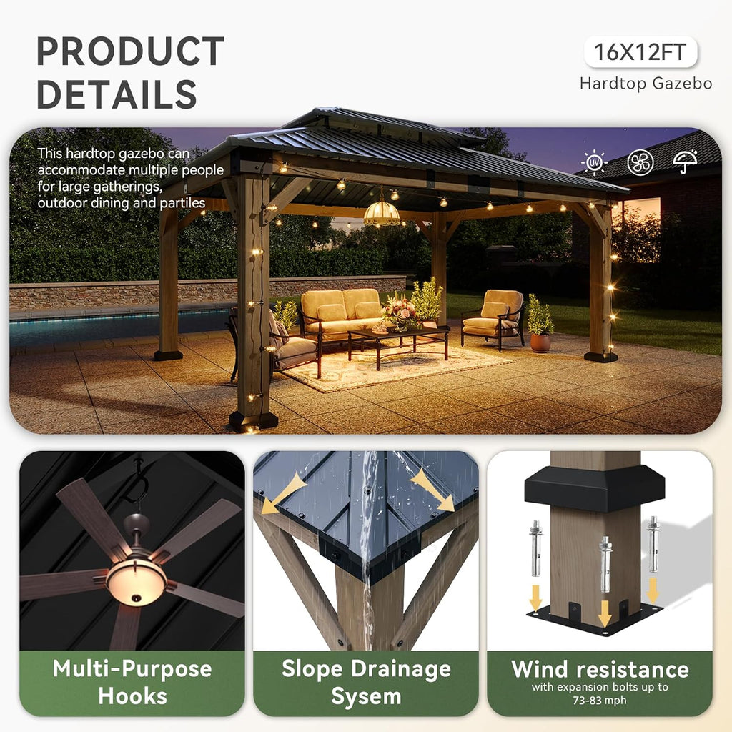 Aoxun 12' x 16' Outdoor Wood Gazebo, Hardtop Gazebo