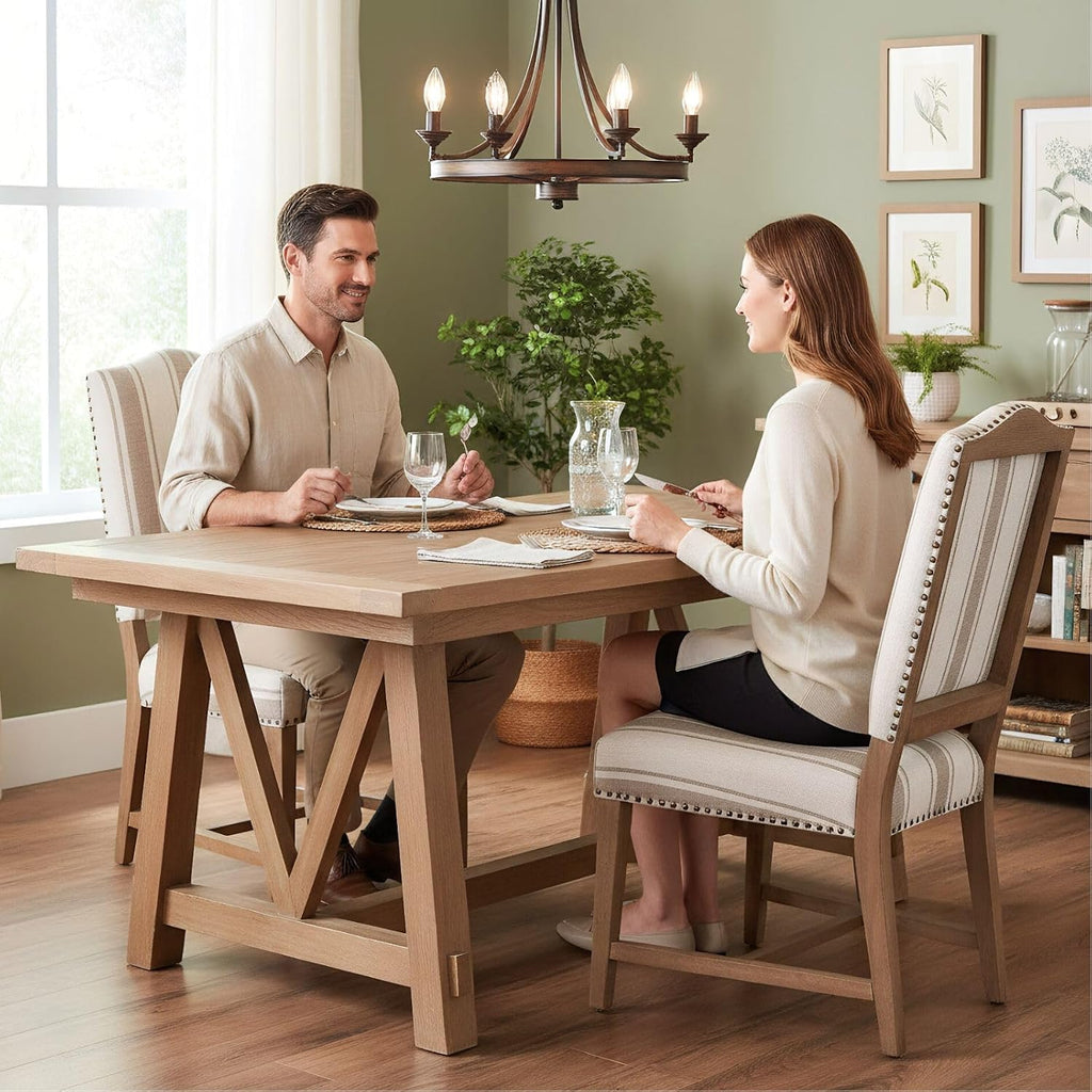 ROCITY Linen Dining Chairs Set of 6 Upholstered Farmhouse Dining Room Chairs Kitchen Side Chairs with Wooden Legs&Nailhead Trim, Beige with Stripe