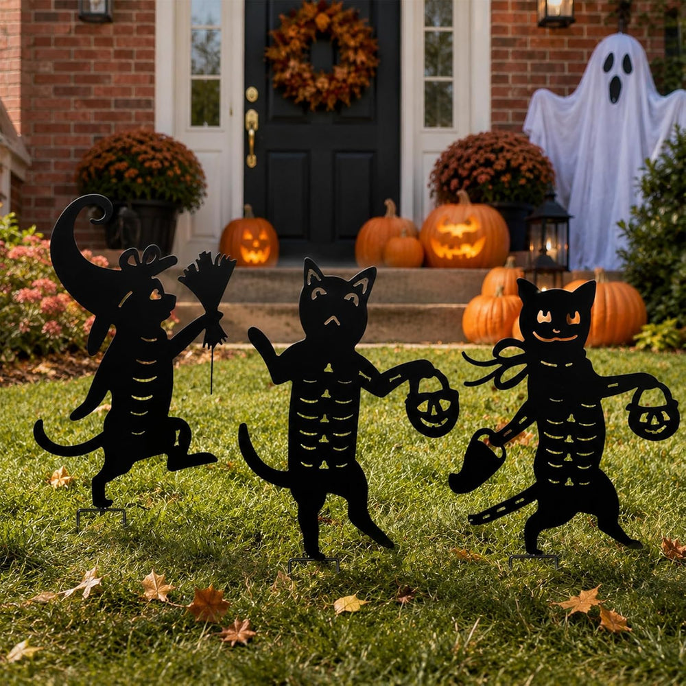 Metal Halloween Black Cat Garden Stakes Decorative, 3 Pack Scary Cat