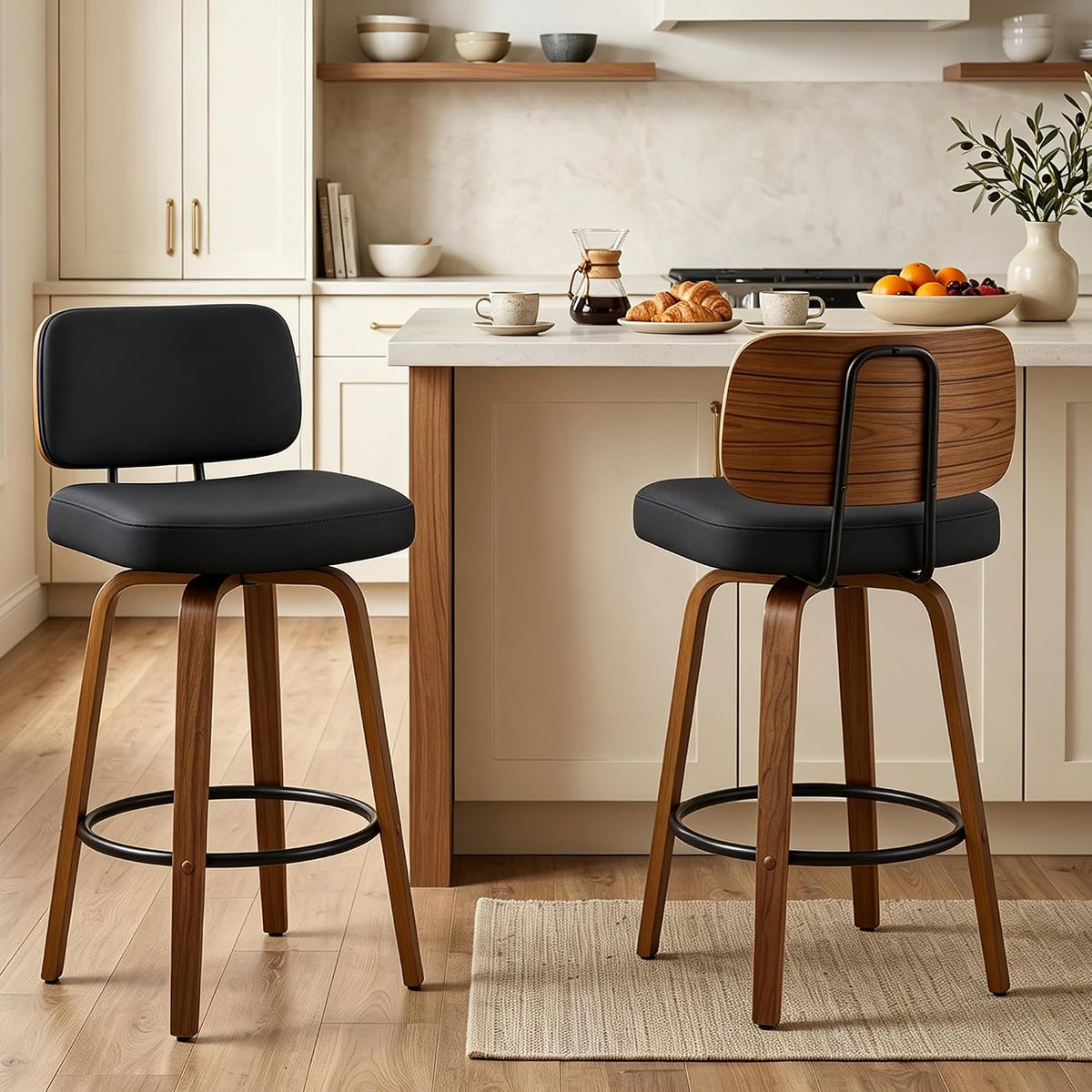 Counter Height Bar Stools Set of 2, 26+inch Swivel Faux Leather Barstool with Back, Upholstered Mid-Century Modern Bar Chairs with Bent Wood Legs for Kitchen Counter, Dining Room