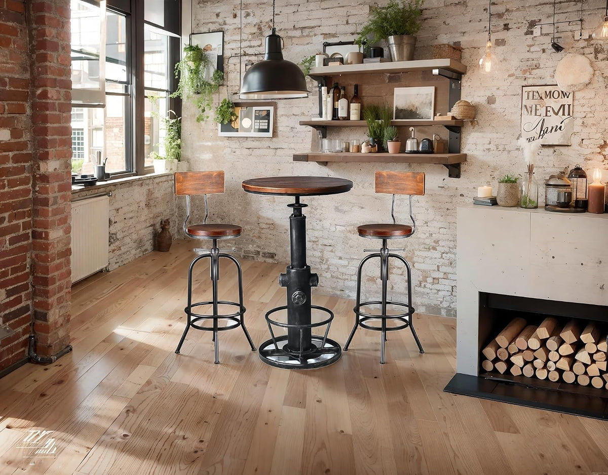 LOKKHAN 3-Piece Bar Table (38.6"-48.4") & 2 Backrest Stools (26"-32") Set for Pub Kitchen Dining Living Party Bistro Breakfast, Swivel Top, Height Adjustable, Most Weld, Space-Saving