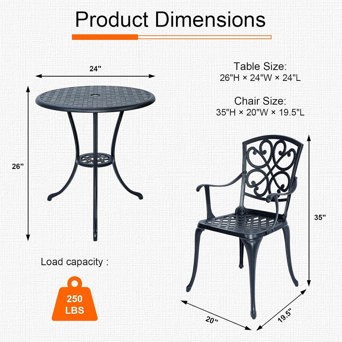 3 Piece Patio Bistro Set with Cushions, Outdoor Bistro Table and Chairs Set of 2 with Umbrella Holes, All Weather Bistro Table Set for Garden Porch Pools (Black 4)