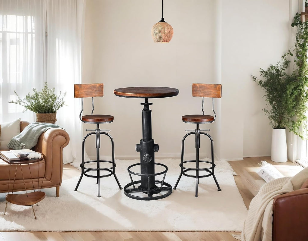 LOKKHAN 3-Piece Bar Table (38.6"-48.4") & 2 Backrest Stools (26"-32") Set for Pub Kitchen Dining Living Party Bistro Breakfast, Swivel Top, Height Adjustable, Most Weld, Space-Saving