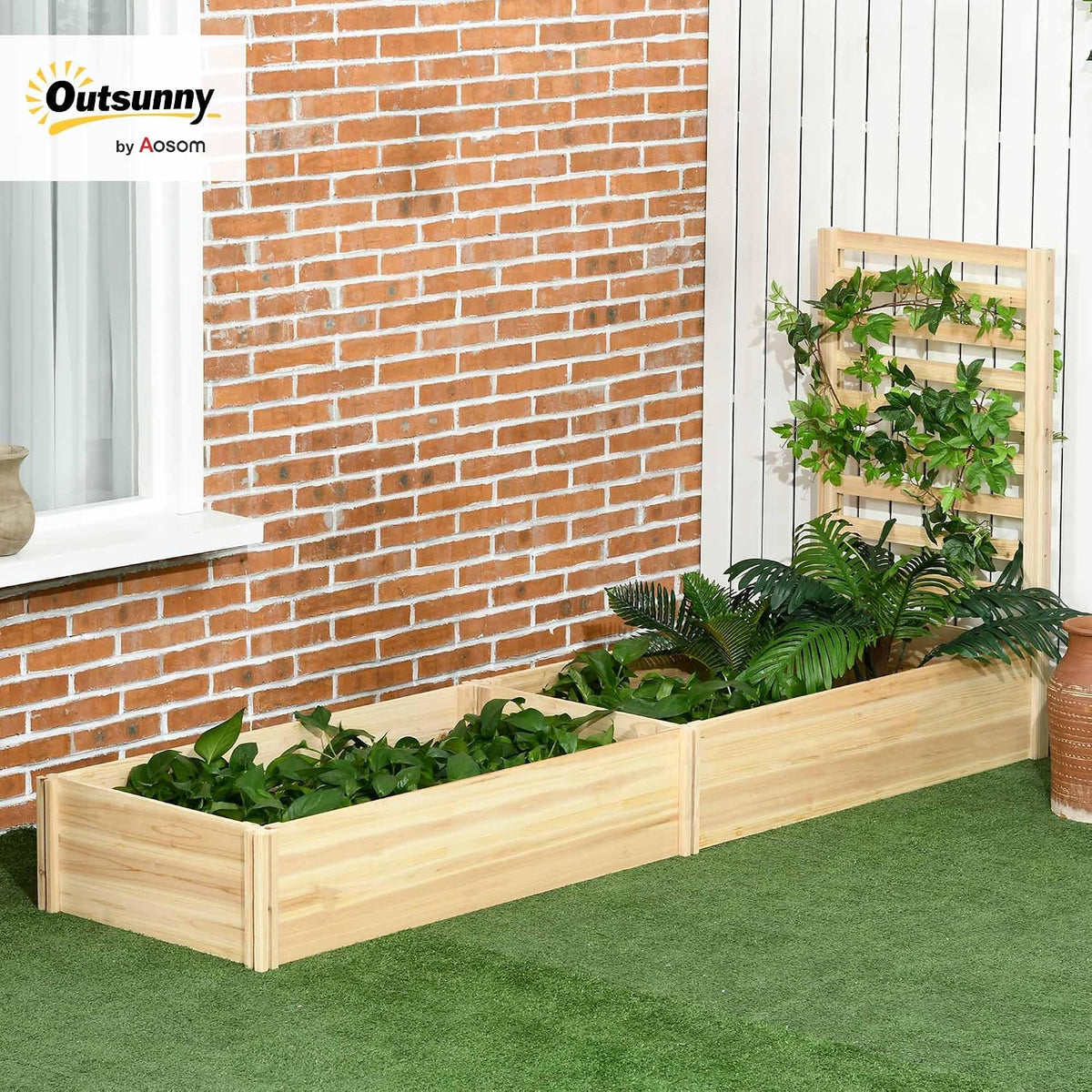 Outsunny Raised Garden Bed Trellis, 2 Compartments, 43 Inch, Natural Tone