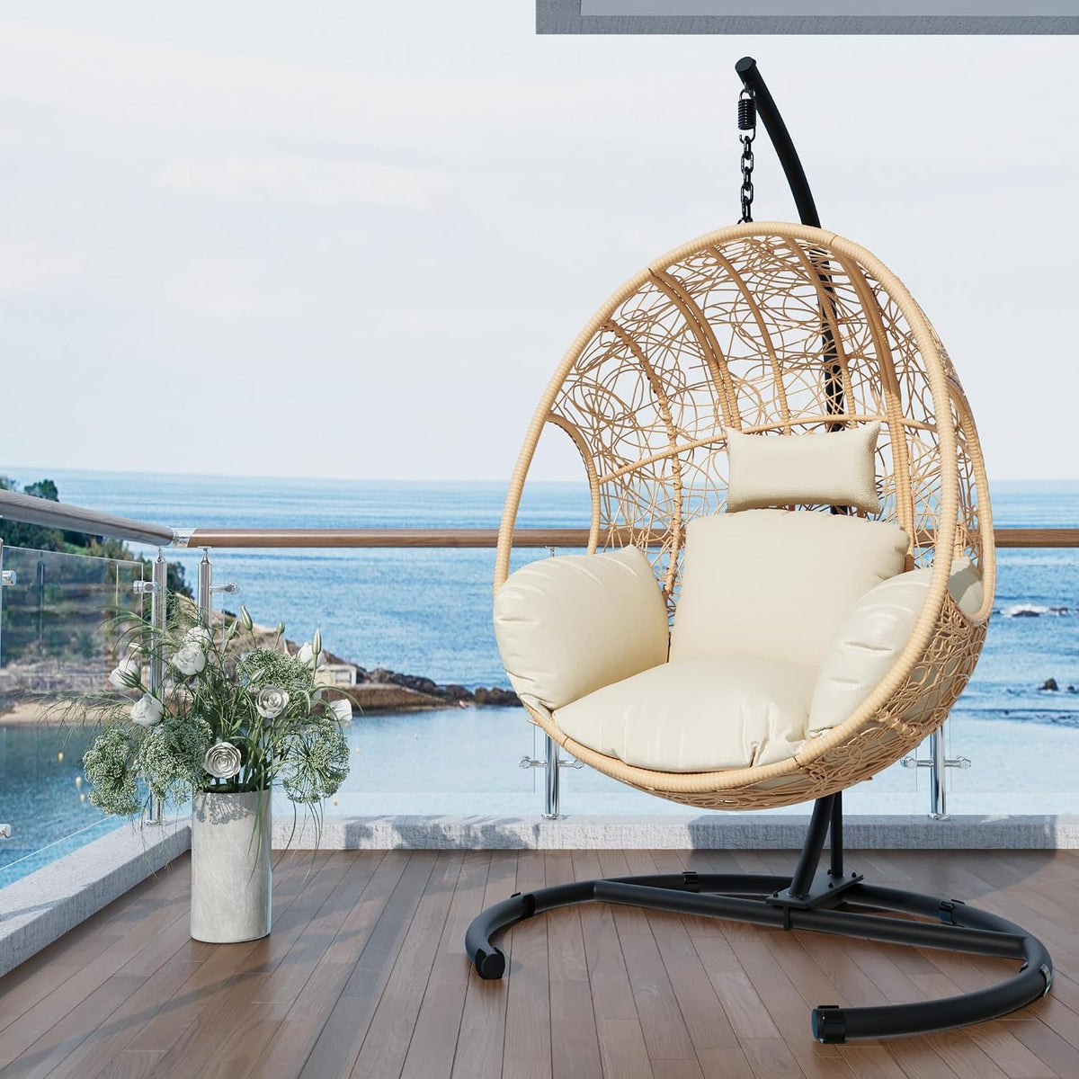 Oversized Hanging Egg Chair Outdoor Indoor, Wicker Swing Egg Chair with Stand 400lbs Capacity for Bedroom, Patio, Garden and Balcony (Beige-nest, Oversize)