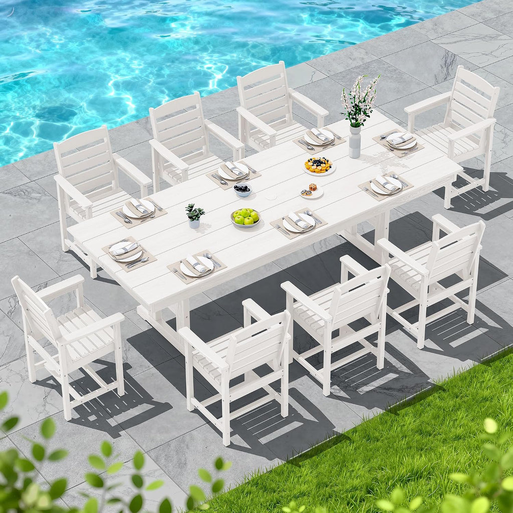 SERWALL Outdoor 84" HDPE Rectangular Dining Table for 6-8,All-Weather,White