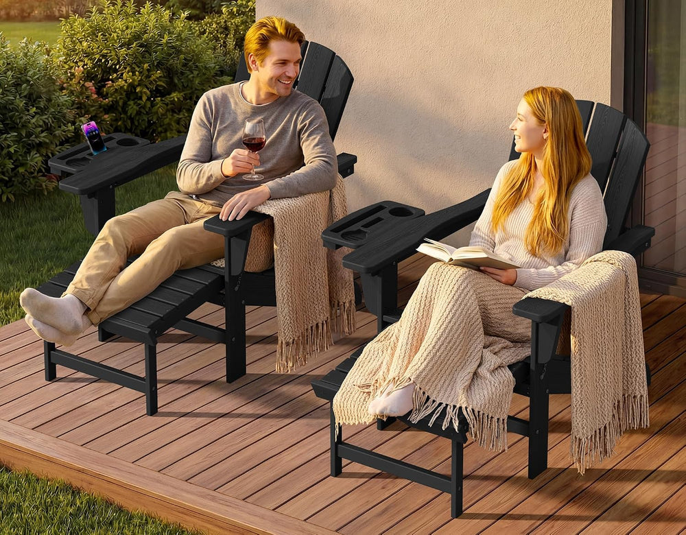 KINGYES Adirondack Chair with Footrest & 4-in-1 Cup Holder, Black