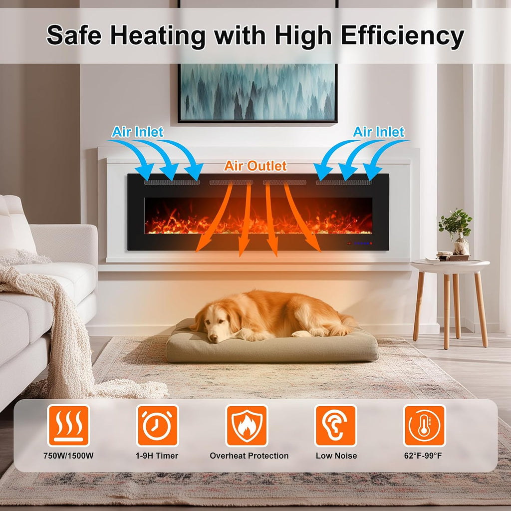 72" Ultra-Thin Electric Fireplace, Recessed/Wall, WiFi App, Black