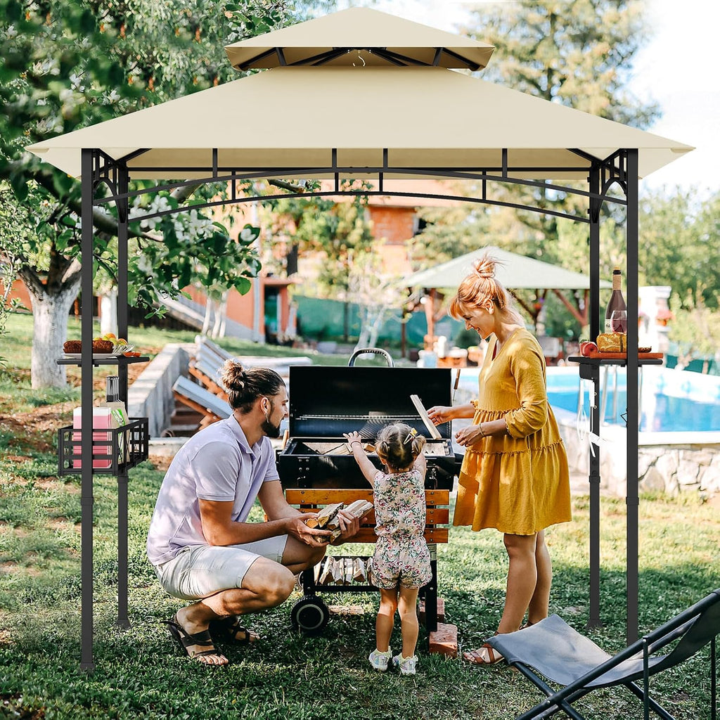 Tangkula 8x5 Ft Outdoor Grill Gazebo w/Side Awning & 2-Tier Vented Canopy