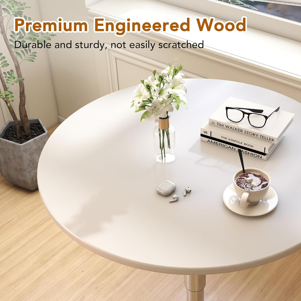 NOBPEINT Round Pub Table, Height Adjustable Bar Table 27-36 inches, 360 Swivel Table Top, White