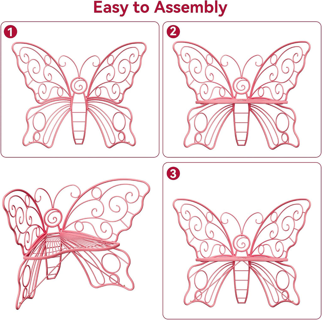 36 Inch Small Butterfly Bench, Cute Metal Outdoor Benches, Pink