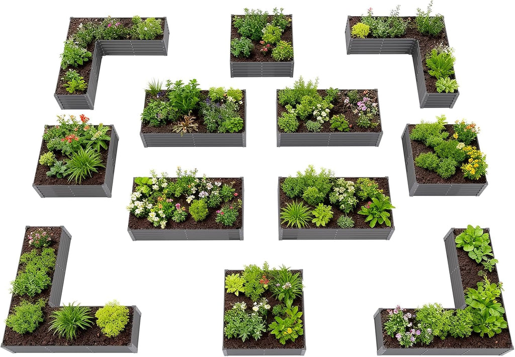 Anleolife 12-Bed Rectangle, L-Shaped & Square Raised Bed Set, Quartz Grey