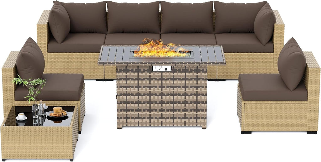 UDPATIO Outdoor Furniture 8-Piece Wicker Patio Set with 44" Fire Pit Table