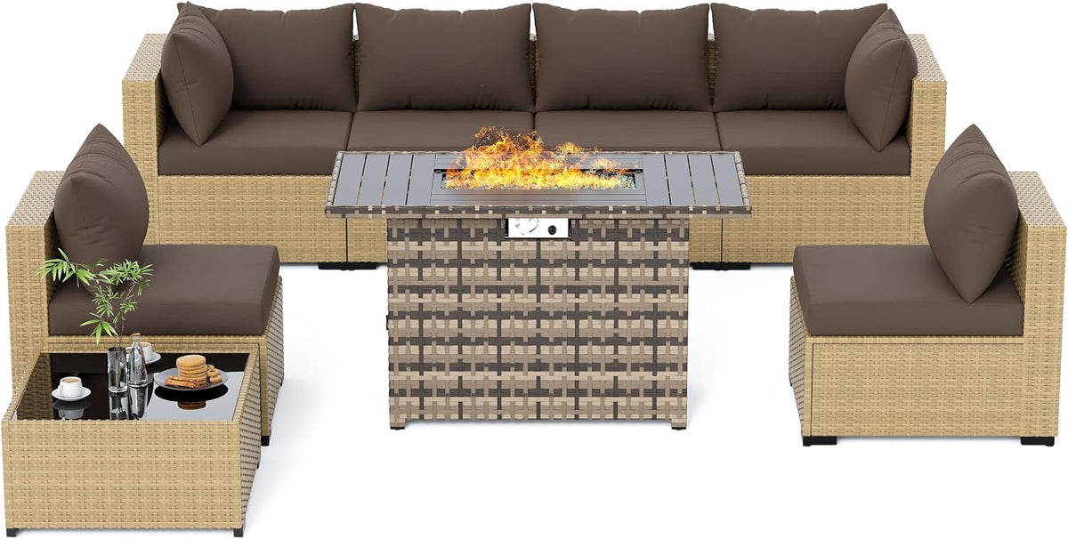 UDPATIO Outdoor Furniture 8-Piece Wicker Patio Set with 44" Fire Pit Table