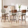 Swivel Bar Stools Set of 3, 26" Upholstered Faux Leather Counter Height Barstools with Walnut Back & Bentwood Legs, Mid Century Modern Bar Chairs Island Stools for Kitchen Counter, Beige Grey