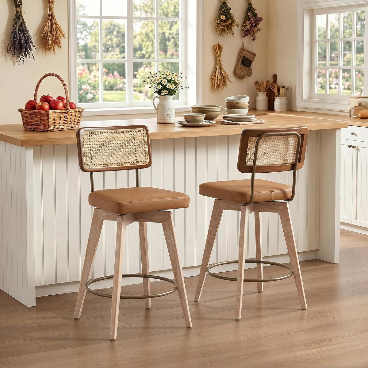 26" Swivel Boho Bar Stools Set of 2, Solid Wood, Rattan, Brown