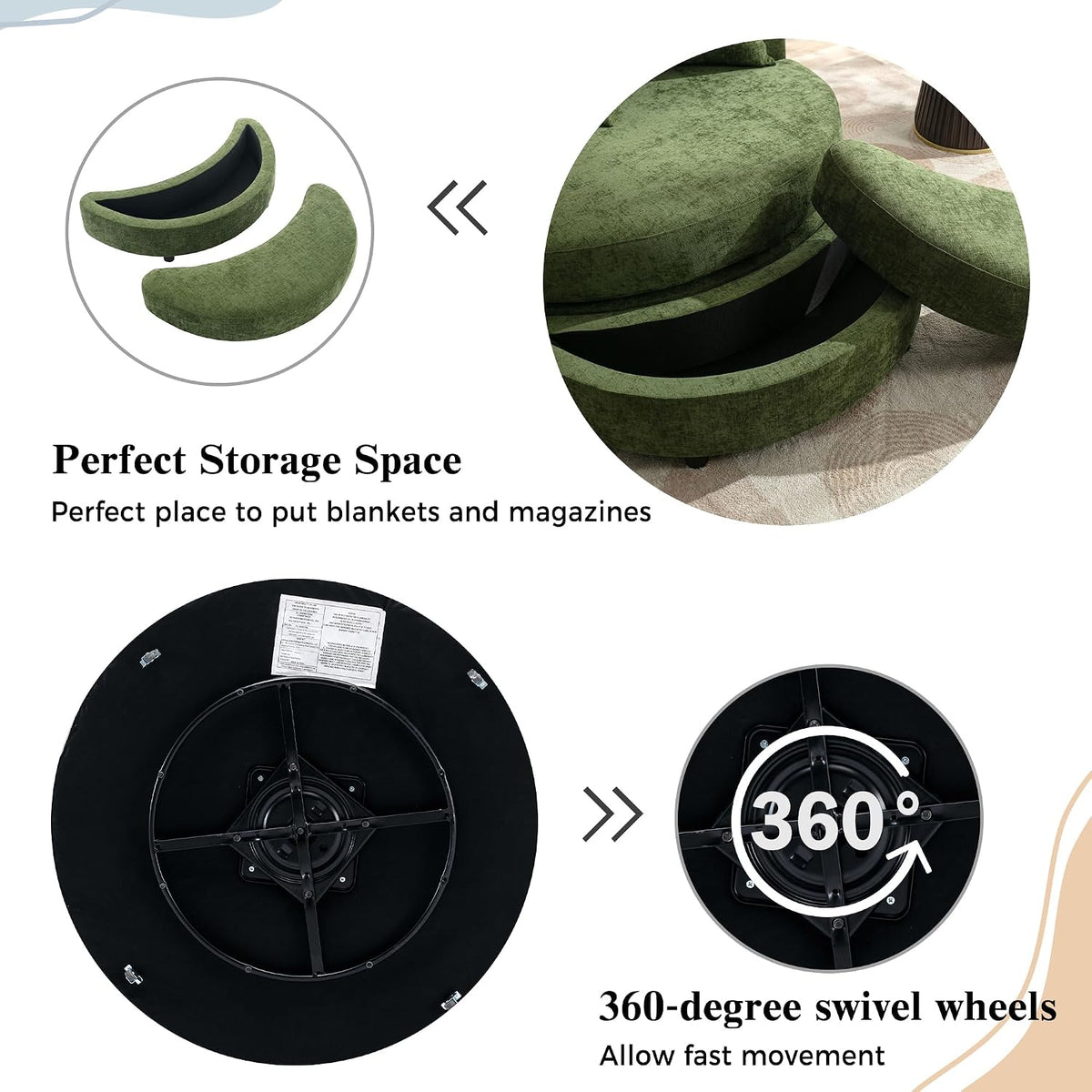 Merax 360° Swivel Barrel Chair with Half Moon Storage Ottoman, Oversized Leisure Round Single Sofa Large Chaise Lounge with 4 Pillows, Comfy Linen Upholstered Accent Arm Chairs for Living Room, Green