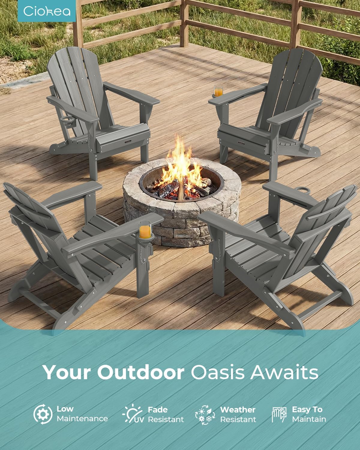 Ciokea Folding Adirondack Chair Wood Texture 4 Pack, Patio Adirondack Chair Weather Resistant, Plastic Fire Pit Chair with Cup Holder, Lawn Chair for Outdoor Porch Garden Backyard Deck (Grey)