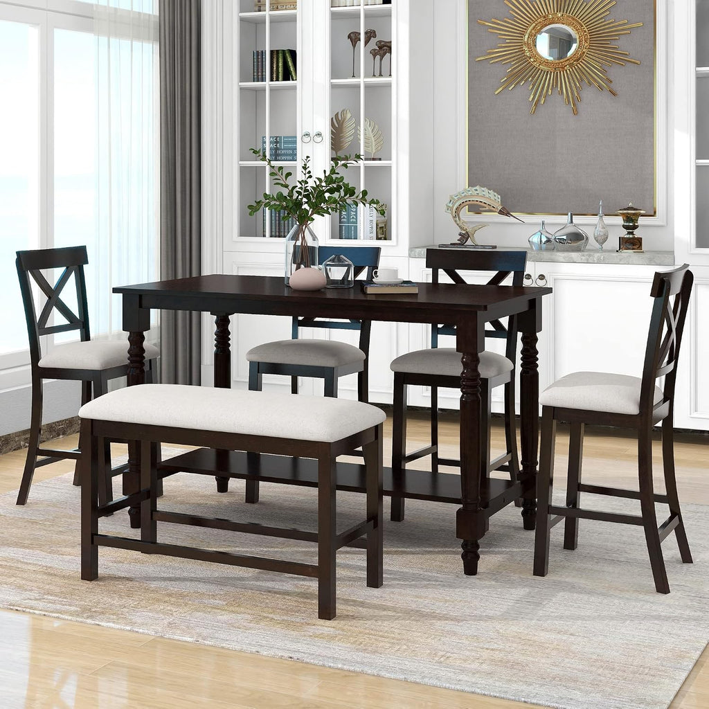 Merax 6-Piece Counter Height Dining Table Set, Solid Wood Kitchen Dining Room Table Set with Chairs and Bench, 60 in Triangular Design Bar Table with Storage Shelf, Espresso