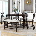 Merax 6-Piece Counter Height Dining Table Set, Solid Wood Kitchen Dining Room Table Set with Chairs and Bench, 60 in Triangular Design Bar Table with Storage Shelf, Espresso