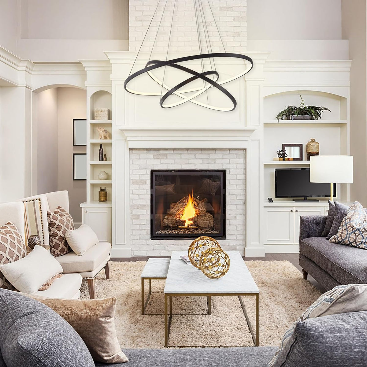 LightInTheBox Modern LED Pendant Light 3 Ring Chandeliers Black Circle Pendant Light Fixtures for Living Room Dinning Room Office (Light Source: Warm White)