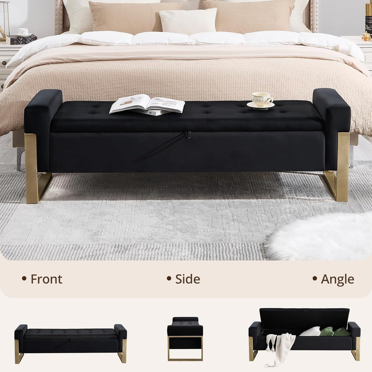 End of Bed Storage Bench, 67'' Benches for Bedroom Foot of Bed King Size, Upholstered Velvet Tufted Storage Ottoman Bench with Gold Legs for Window Living Room Entryway, Black