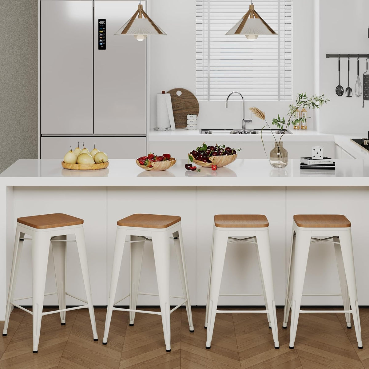 Alunaune 24" Metal Bar Stools Set of 4 Industrial Backless Counter Height Barstools Kitchen Patio Stool Stackable with Wooden Seat- White