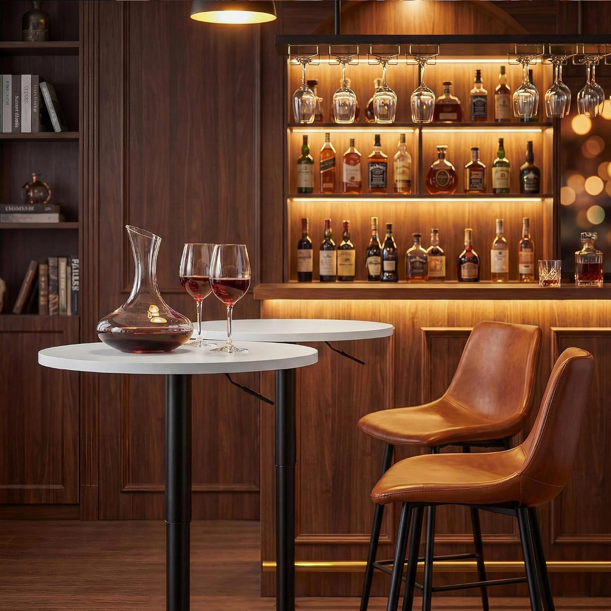 shahoo round bar table, adjustable height and 360° shown in use