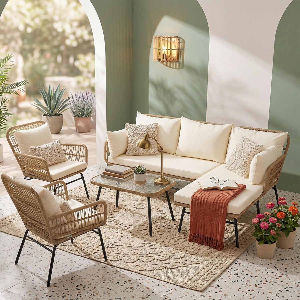 BULEXYARD 5 Pcs Boho Patio Furniture Set, Outdoor Wicker Sectional Sofa