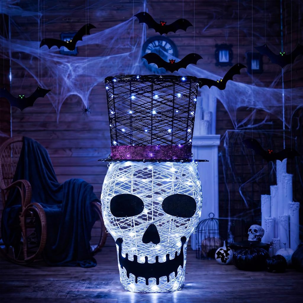 36" Lighted Skull with Top Hat,100 LED Prelit Skull Outdoor Halloween Decor