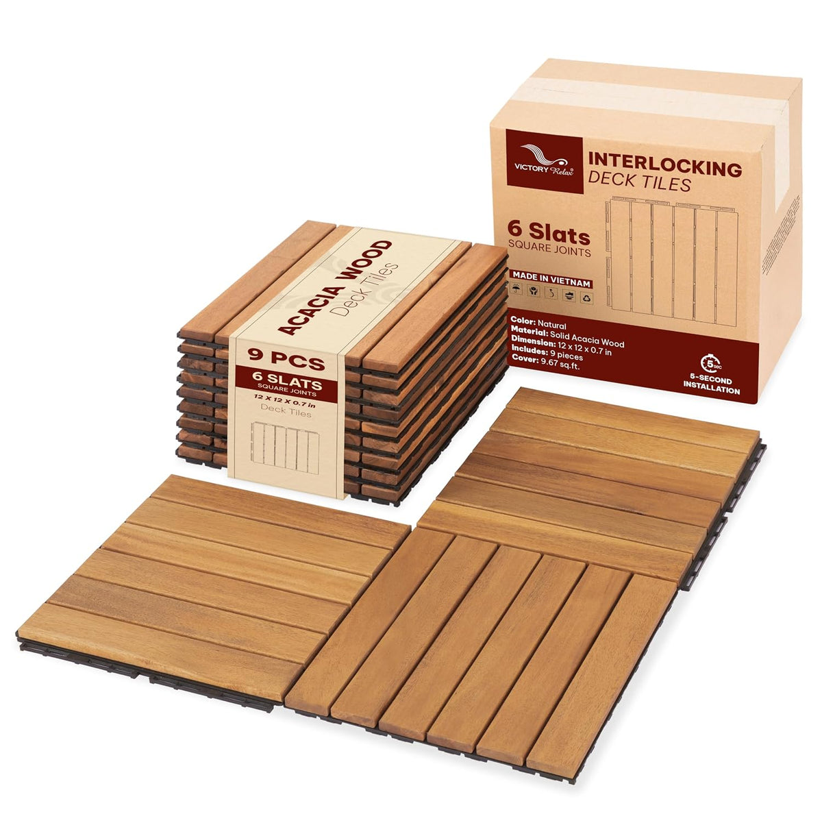 Acacia Interlocking Deck Tiles, 9 PCS Wood Flooring, 6 Slats, Honey Oak