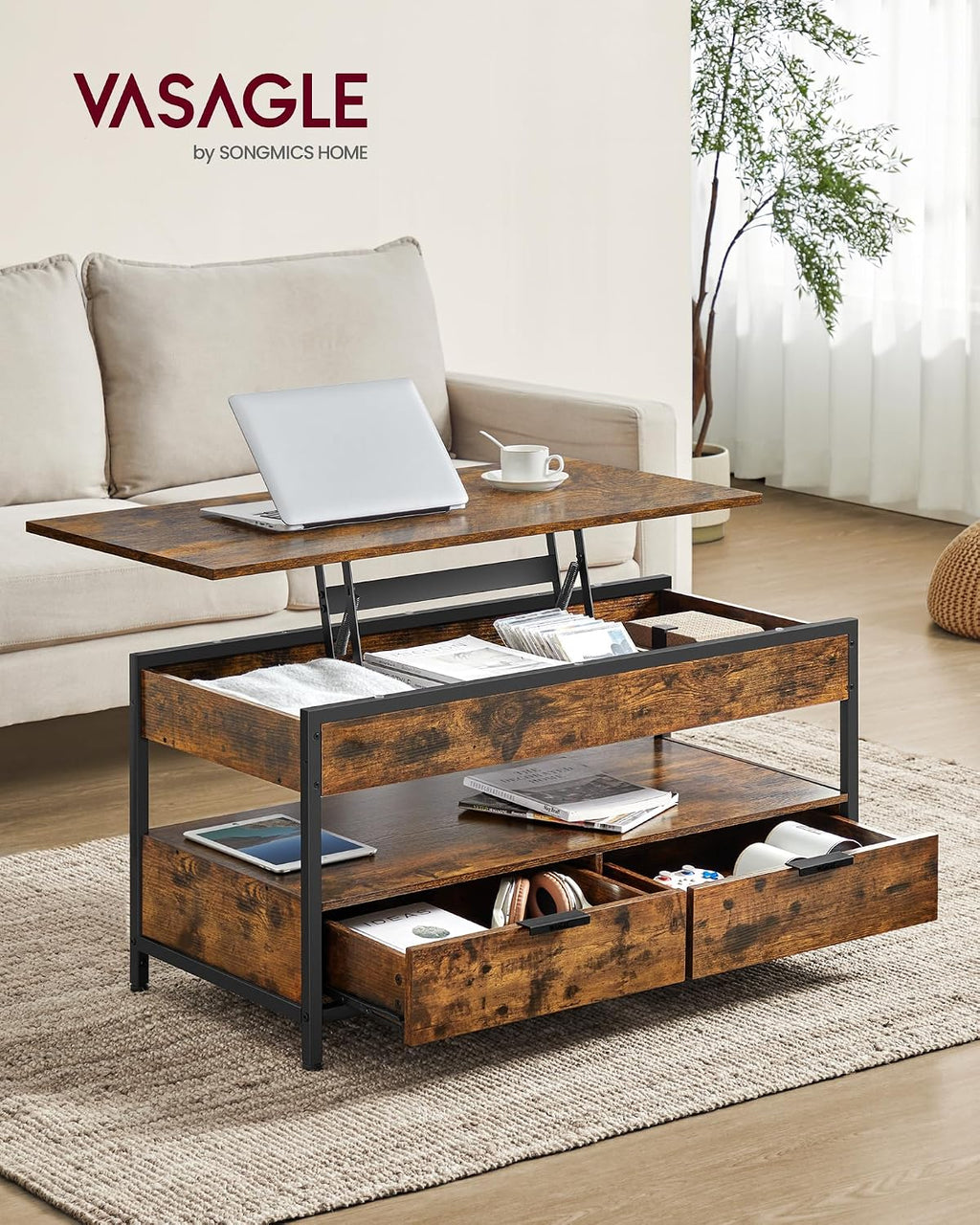 VASAGLE Lift Top Coffee Table with Storage Drawers, Hidden Compartments