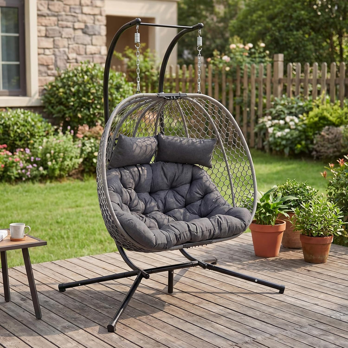 Double Egg Chair with Stand for 2 Persons, Oversized Patio Hanging Basket Chair, Honeycomb Wicker Swing Chair with Thick Cushions & Headrests, 800LBS Heavy Duty Indoor Outdoor, Light Grey