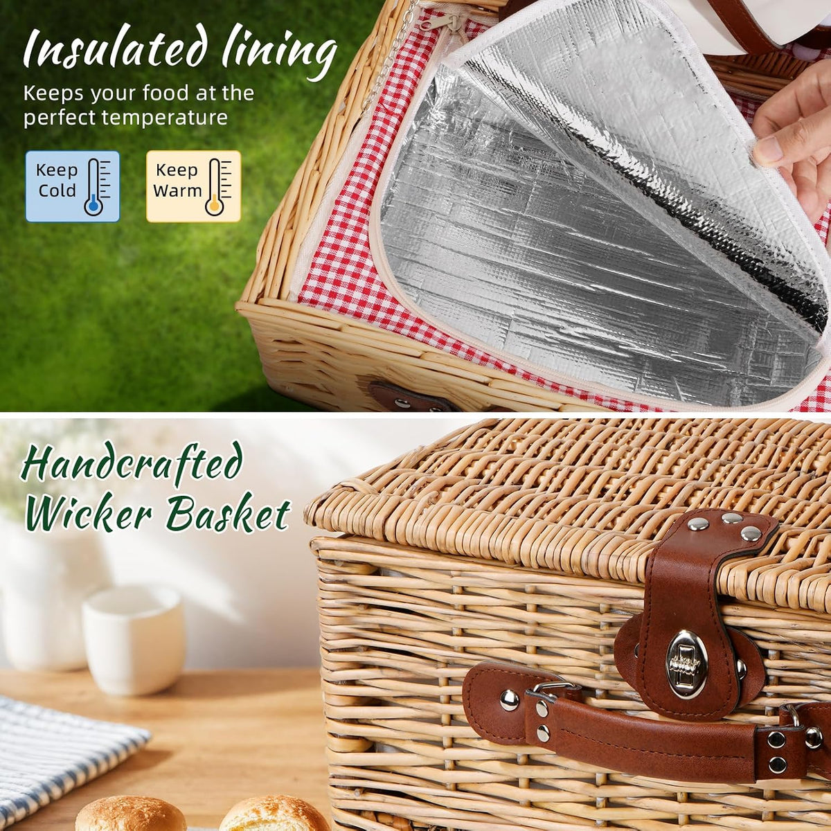 Picnic Basket for 2 with Lid and Handle Waterproof Picnic Blanket