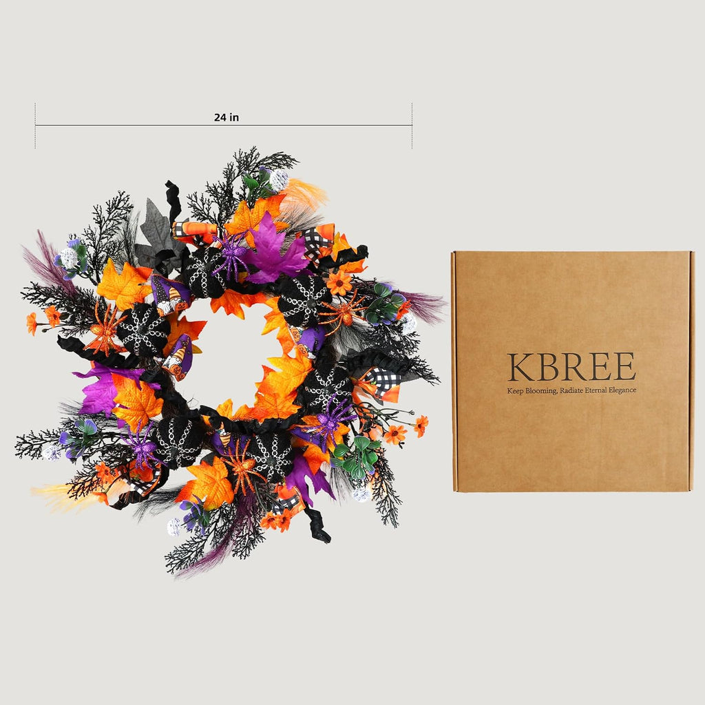 KBREE 22" Halloween Wreath for Front Door, Full Gothic Spooky Autumn Wreath with Black Corduroy Pumpkins, Glitter Orange Purple Spiders & Dark Twigs, Large Halloween Party Decor for Wall Window