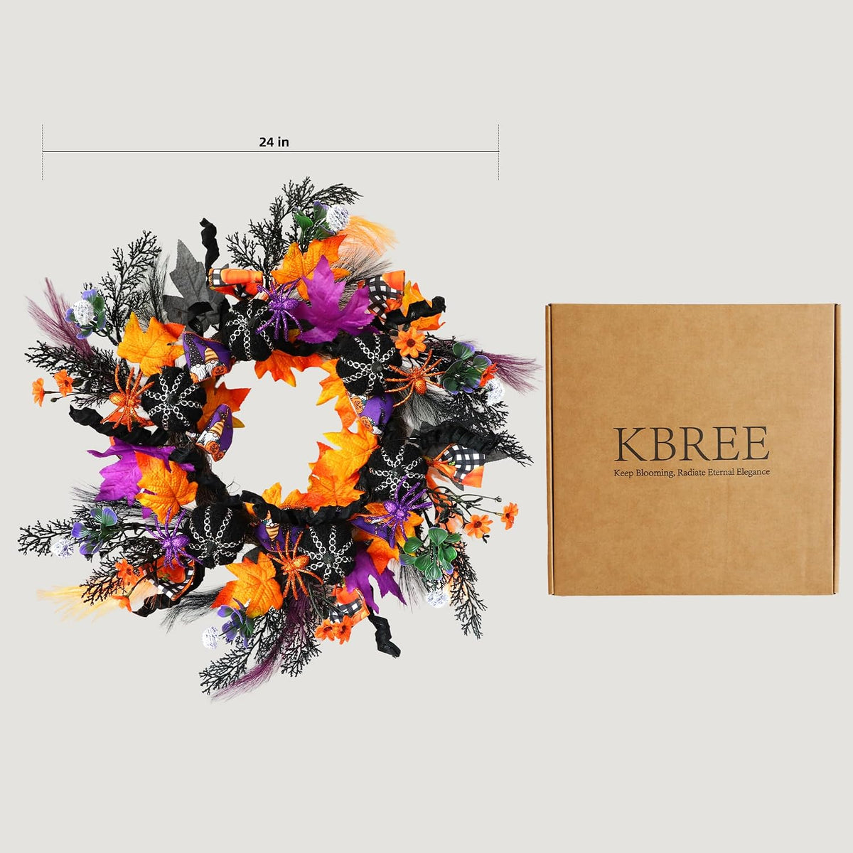 KBREE 22" Halloween Wreath for Front Door, Full Gothic Spooky Autumn Wreath with Black Corduroy Pumpkins, Glitter Orange Purple Spiders & Dark Twigs, Large Halloween Party Decor for Wall Window