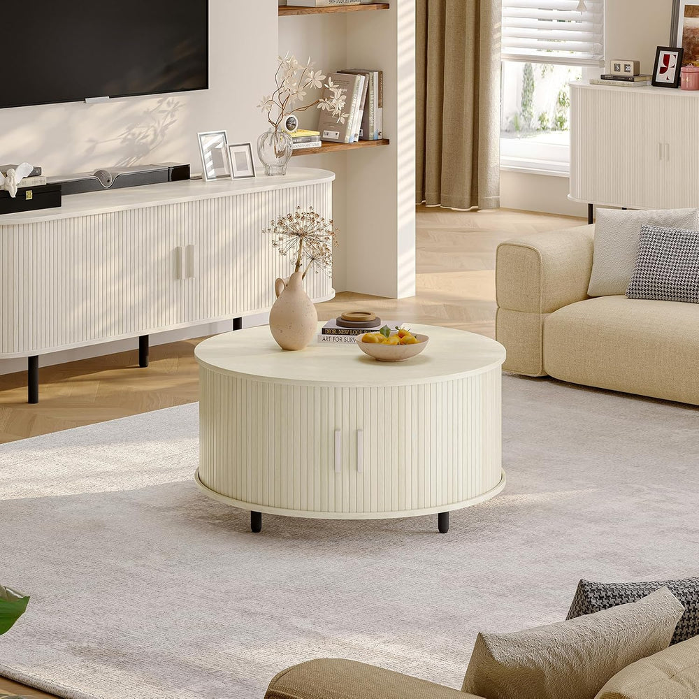 ONBRILL 31.5" Round Coffee Table w/Storage Adjustable Footpad Natural White