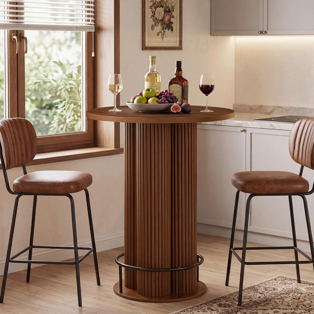 Round Bar Table 39.37" H Wood Fluted Bistro Pub Table (Walnut)